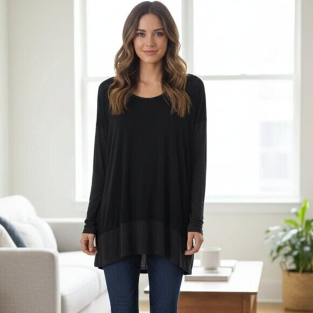 Aritzia Wilfred Silk Front Top blouse Rayon Long Sleeves heathered Black XXS